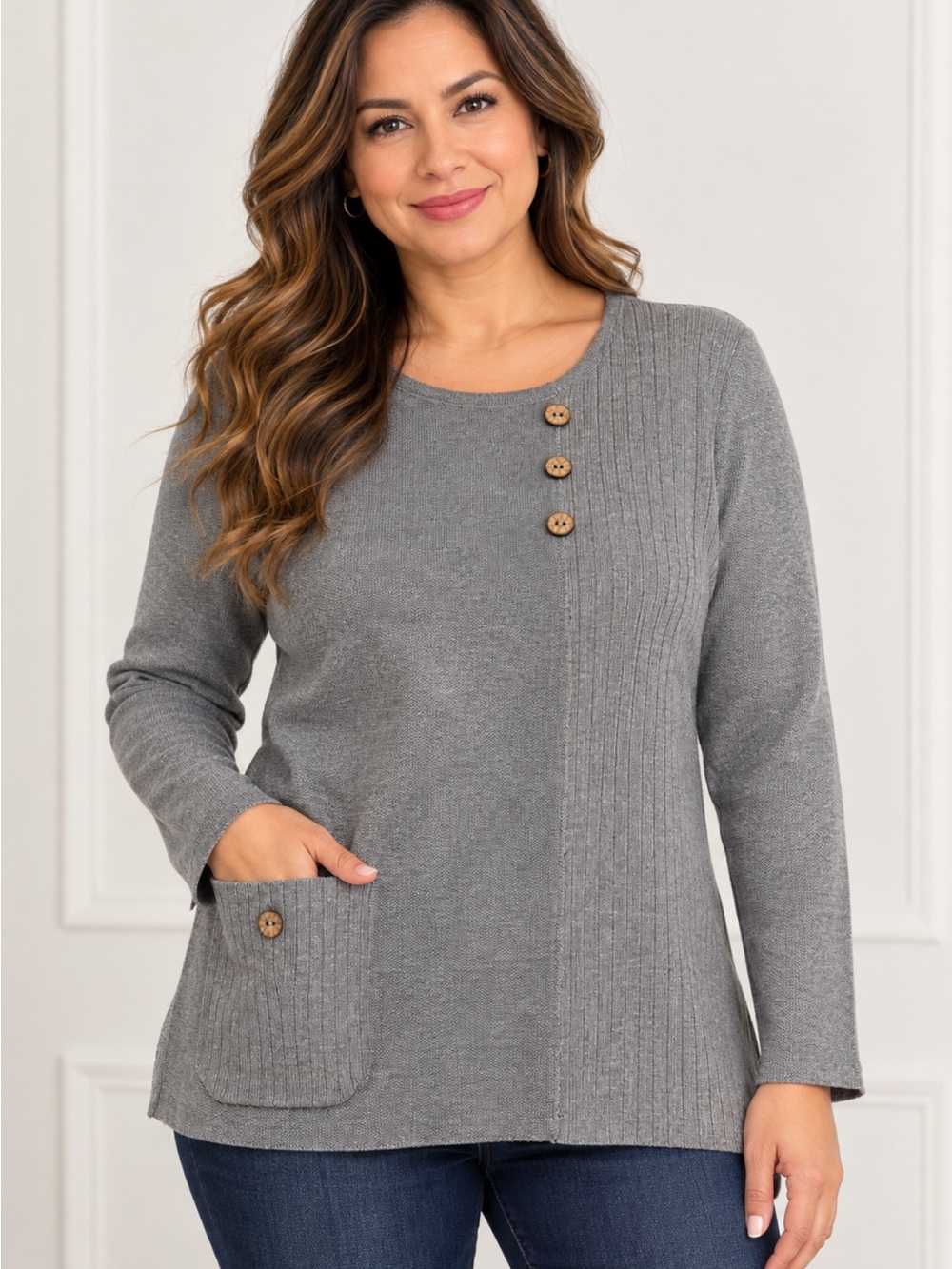 Southern Lady Gray Ribbed-Accent Crewneck Sweater with Wood Buttons